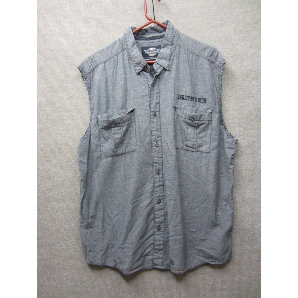 Harley-Davidson Mens 2XL Gray Cotton Linen Sleeveless Button Up Biker Shirt Vest